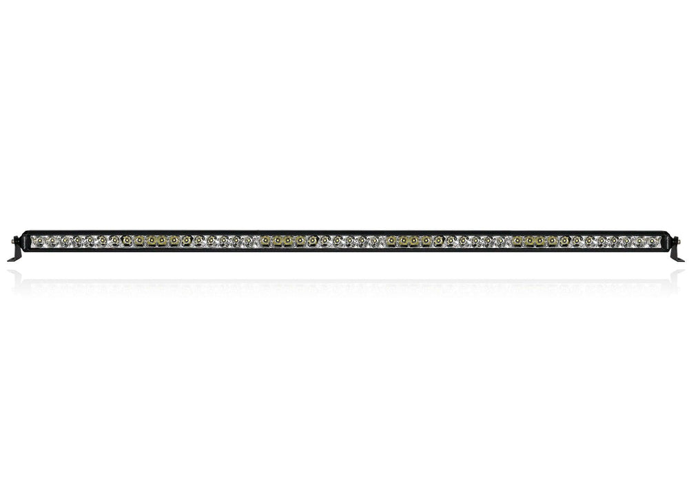 Close-up image of the ROAMBUILT 50" Pathfinder single-row flood/spot LED light bar, showing the durable aluminum housing and lens details.