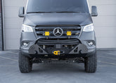Front view of a Mercedes-Benz Sprinter van equipped with a ROAMBUILT LoPro Front Bumper, showcasing its lightweight aluminum design, integrated bull bar, and seamless fit with the vehicle's body lines.