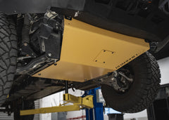 Roambuilt Mercedes Sprinter Skid Plate from the side showing how it connects to the Roambuilt LopPro bumper