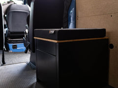 Angled profile view of the Toilet Cubby with matching 3-inch thick Toilet Cubby Pad on top