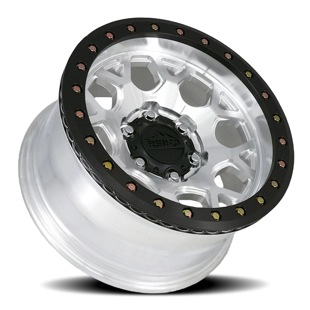 Reika R45 Marauder Beadlock wheel in Machined / Black E-Coated Ring – lay-down view