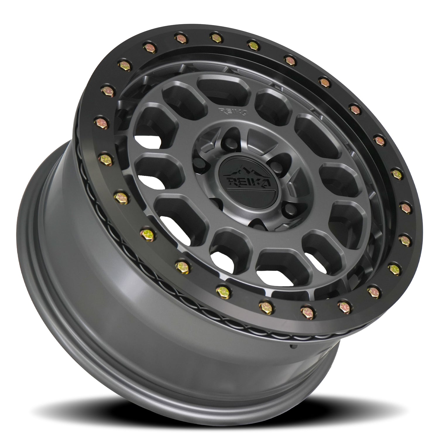 Reika R35 Rambler Beadlock wheel in Satin Gunmetal / Black E-Coated Ring – lay-down view