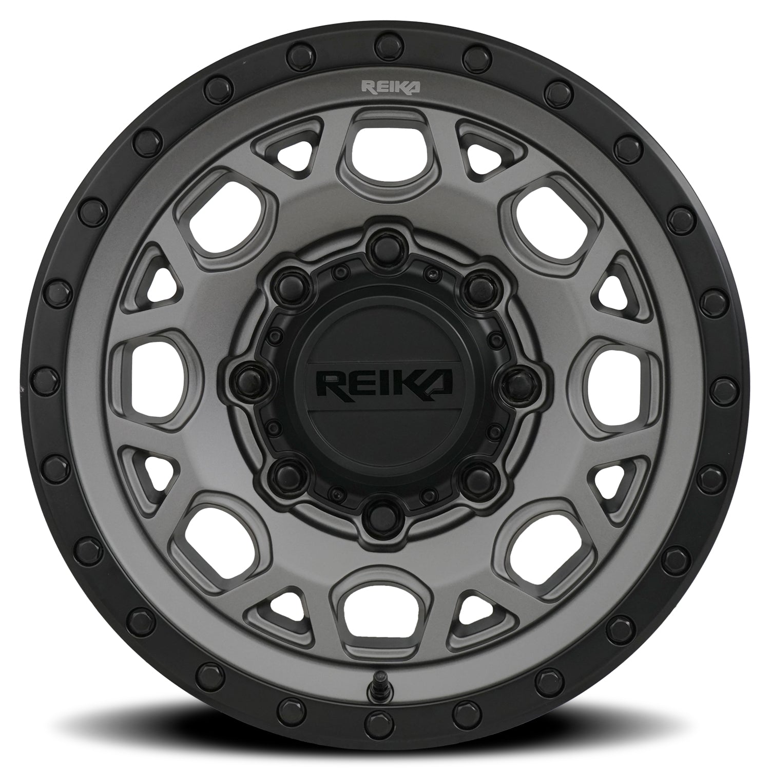 Reika R45 Marauder wheel in Gunmetal Grey / Satin Black Ring – face view