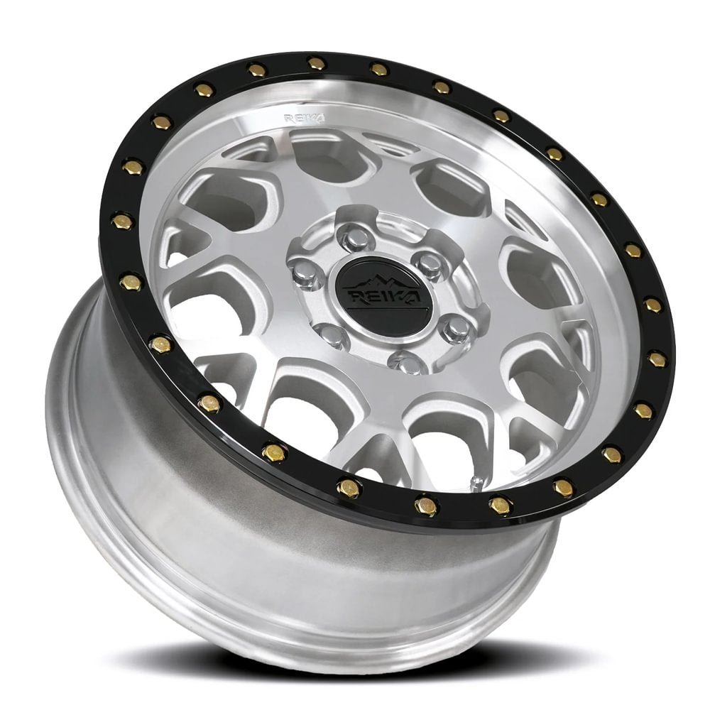 Reika R45 Marauder wheel in Machined / Gloss Black Ring – lay-down view