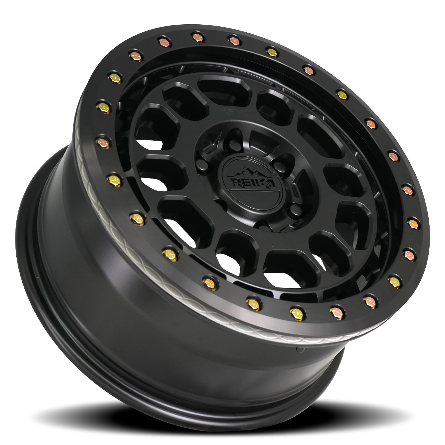 Reika R35 Rambler Beadlock wheel in Satin Black / Black E-Coated Ring – lay-down view