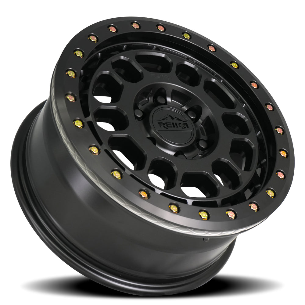 Reika R35 Rambler Beadlock wheel in Satin Black / Black E-Coated Ring – lay-down view