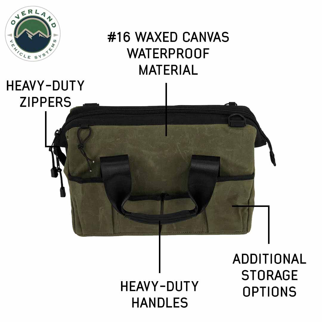 All Purpose Tool Storage Bag - #16 Waxed Canvas Pockets, Zippers, Handles, Material