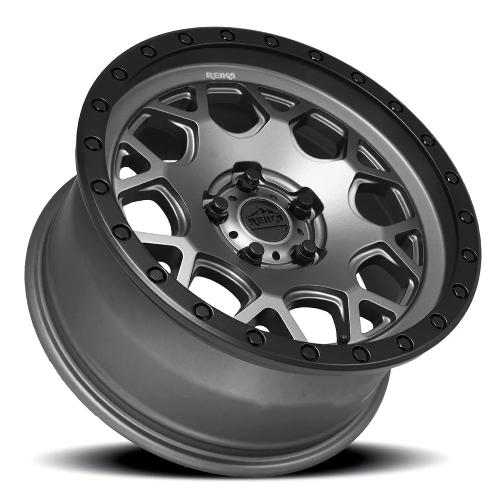 Reika R45 Marauder wheel in Gunmetal Grey / Satin Black Ring – lay-down view