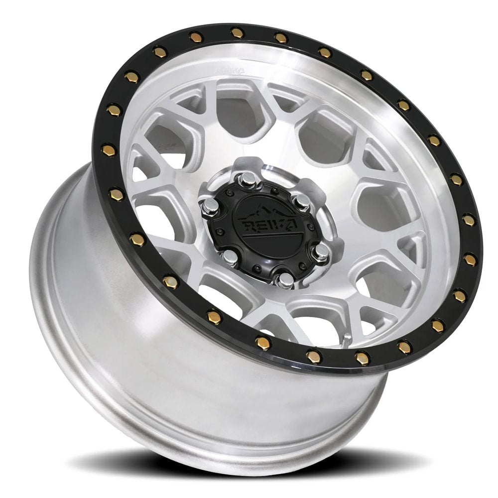 Reika R45 Marauder wheel in Machined / Gloss Black Ring – lay-down view