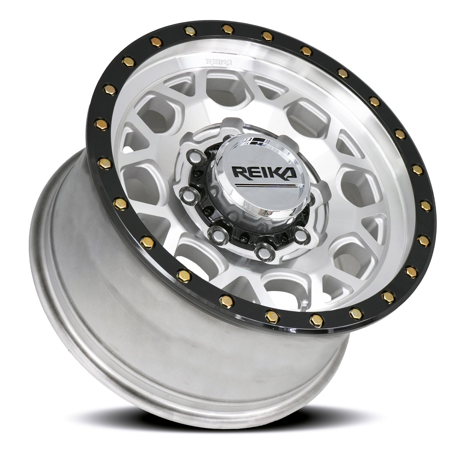 Reika R45 Marauder wheel in Machined / Gloss Black Ring – lay-down view