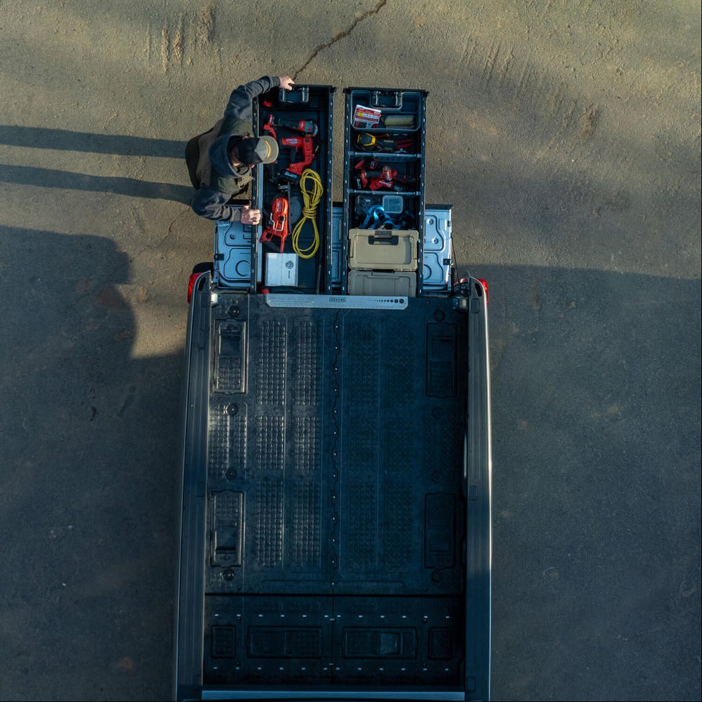 [XF6LF, XF7LF, XG10LF, XG5LF, XG9LF, XR5LF, XS4LF, XS5LF] A bird's eye view of the Drawer System for 8' truck beds. The storage solution comes with a 6.5 foot Drawer System and the 8' Load Floor that adds more deck length to fill the entire 8' bed.