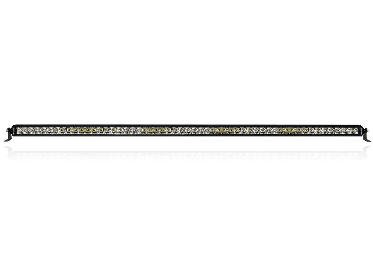 Close-up image of the ROAMBUILT 50" Pathfinder single-row flood/spot LED light bar, showing the durable aluminum housing and lens details.