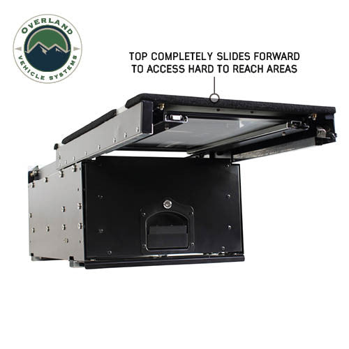 Cargo Box With Slide Out Drawer & Working Station Size - Black Powder Coat Universal Top Shelf
