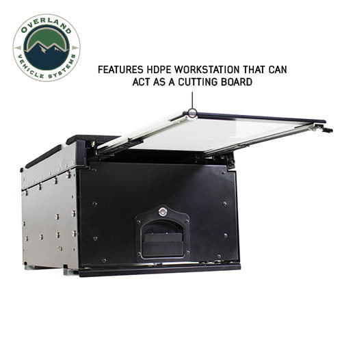 Cargo Box With Slide Out Drawer & Working Station Size - Black Powder Coat Universal Cutting Board