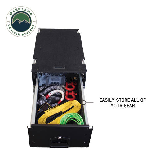 Cargo Box With Slide Out Drawer & Working Station Size - Black Powder Coat Universal with Gear