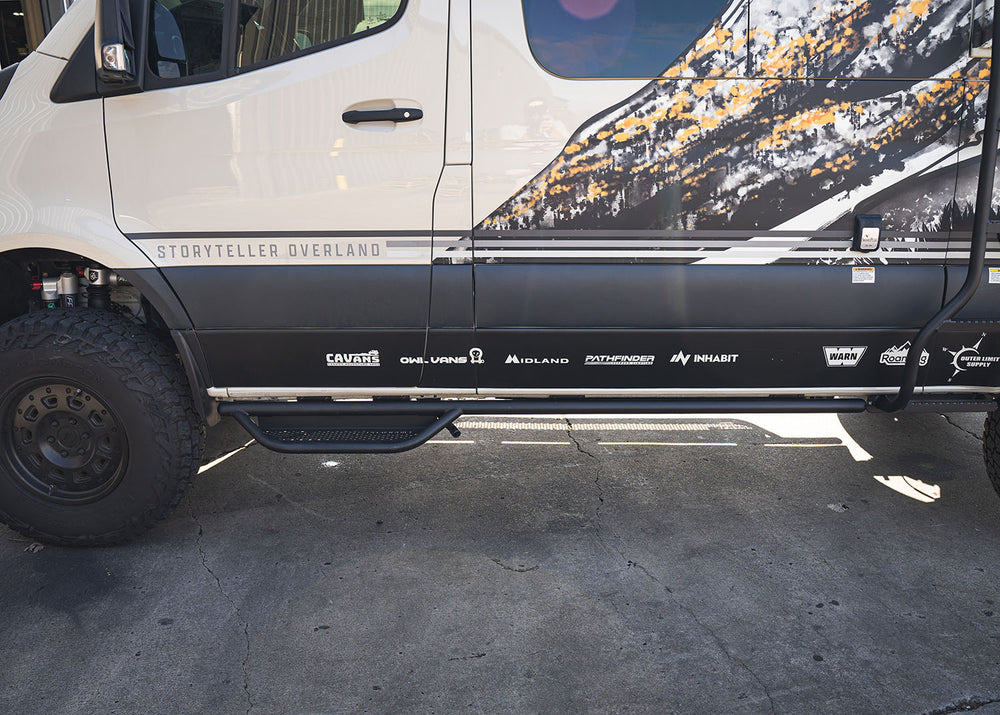 entire step’s length, perforated surface, secure mounting, and compatibility with ROAMBUILT side ladders.