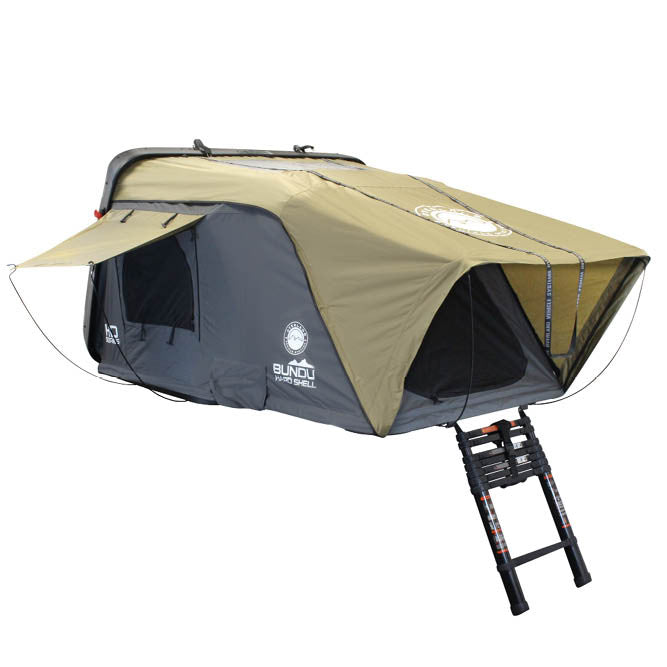 HD Bundu Hard Shell Roof Top Tent-Grey Body & Green Rainfly 3 Quarter