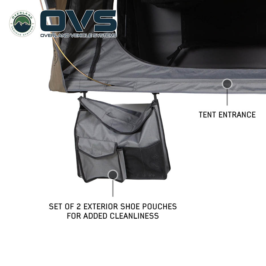HD Bushveld 2 Person Cantilever Hard Shell Roof Top Tent Grey Body & Tan Rainfly Shoe Bags