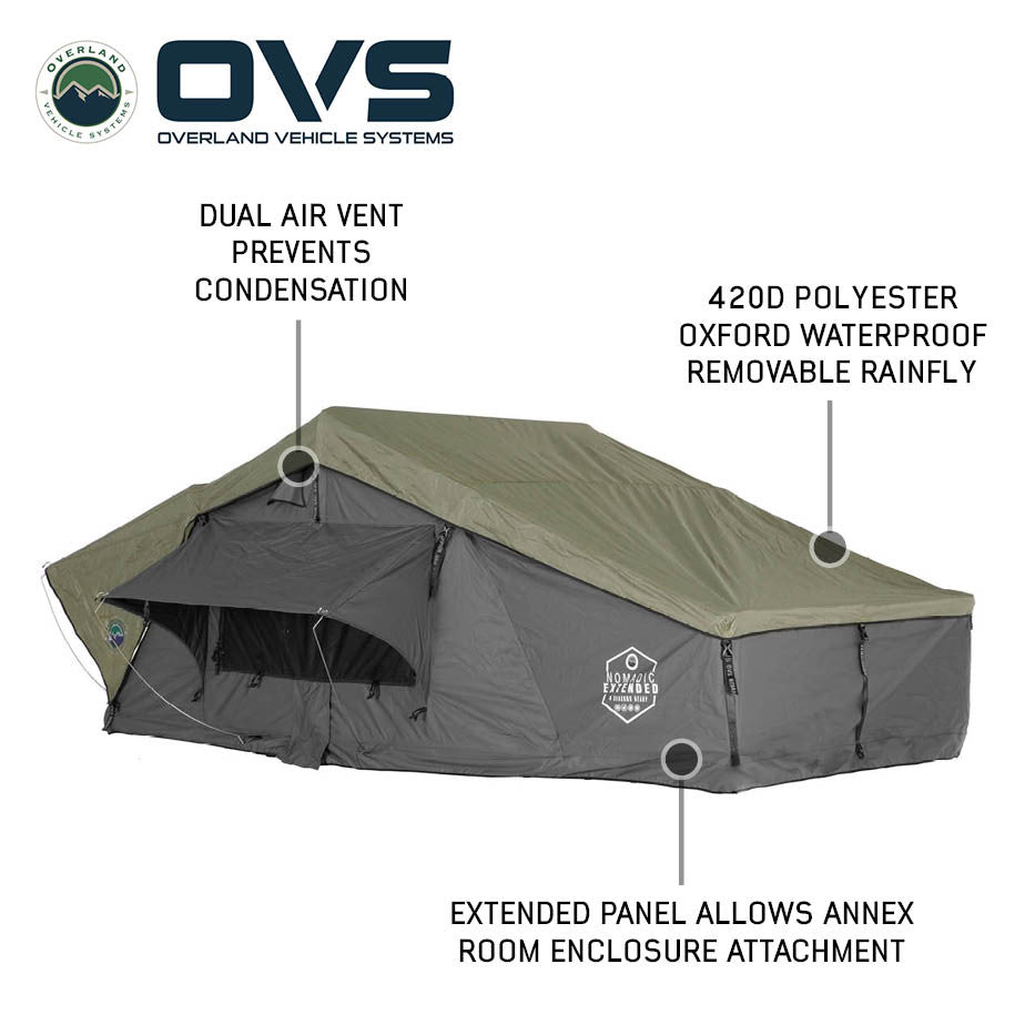 HD Nomadic 2 Person Extended Soft Shell Roof Top Tent, Grey Body & Green Rainfly 3 Quarter