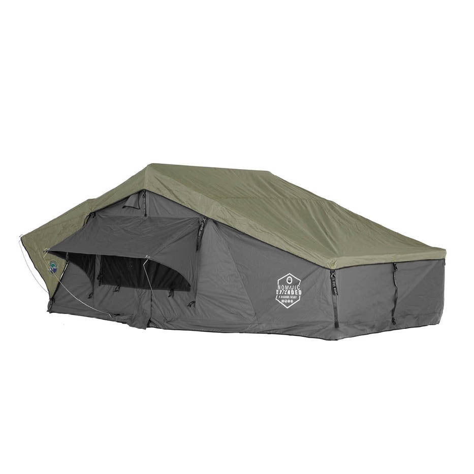 HD Nomadic 4 Person Extended Soft Shell Roof Top Tent, Grey Body & Green Rainfly 3 Quarter