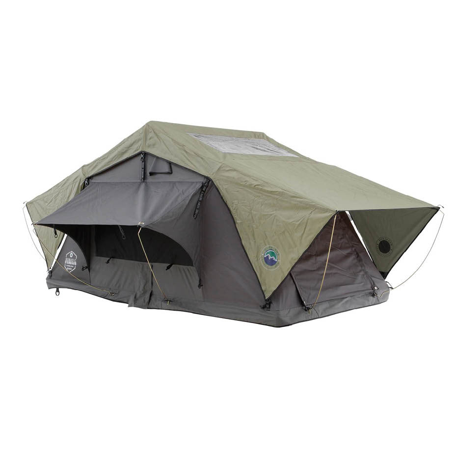 HD Nomadic 2 Person Standard Soft Shell Roof Top Tent, Grey Body & Green Rainfly 3 Quarter