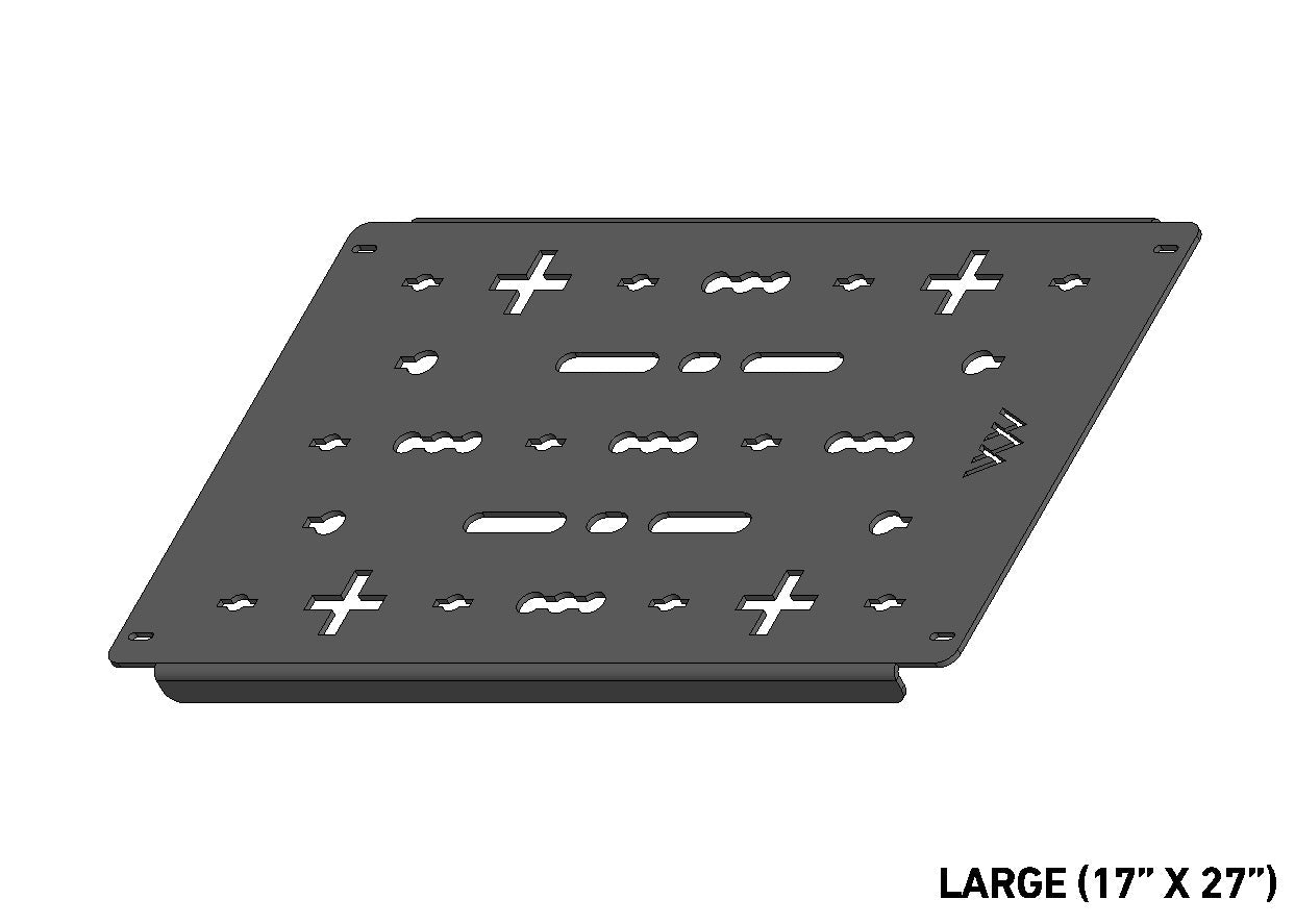 3D view of the ROAMBUILT 17x27-inch aluminum roof rack deck panel with black powder-coated finish, featuring universal mounting cutouts and a sturdy, low-profile design.