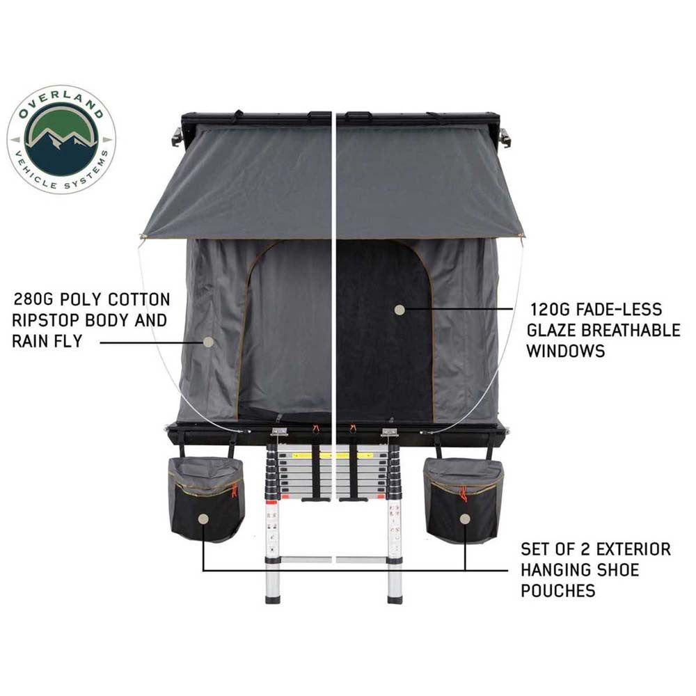 HD Mamba Clam Shell Aluminum Hard Shell Roof Top Tent, Grey Body & Green Trim netting