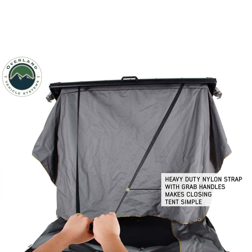 HD Mamba Clam Shell Aluminum Hard Shell Roof Top Tent, Grey Body & Green Trim pull strap