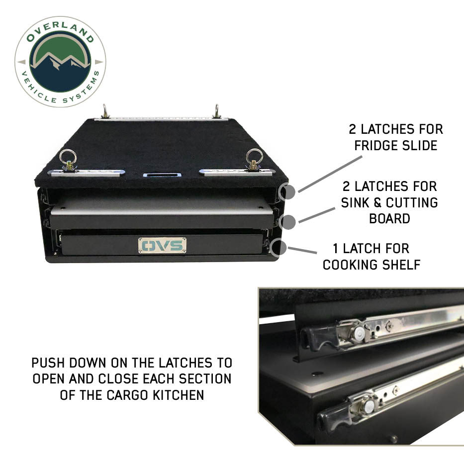 Mid Size Cargo Box Kitchen With Slide Out Sink, Cooking Shelf and Work Station Push Tabs