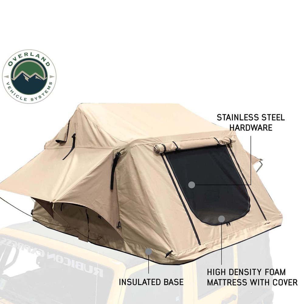 OVS LD TMBK 3-Person Soft Shell Roof Top Tent – Tan Body with Green Rainfly