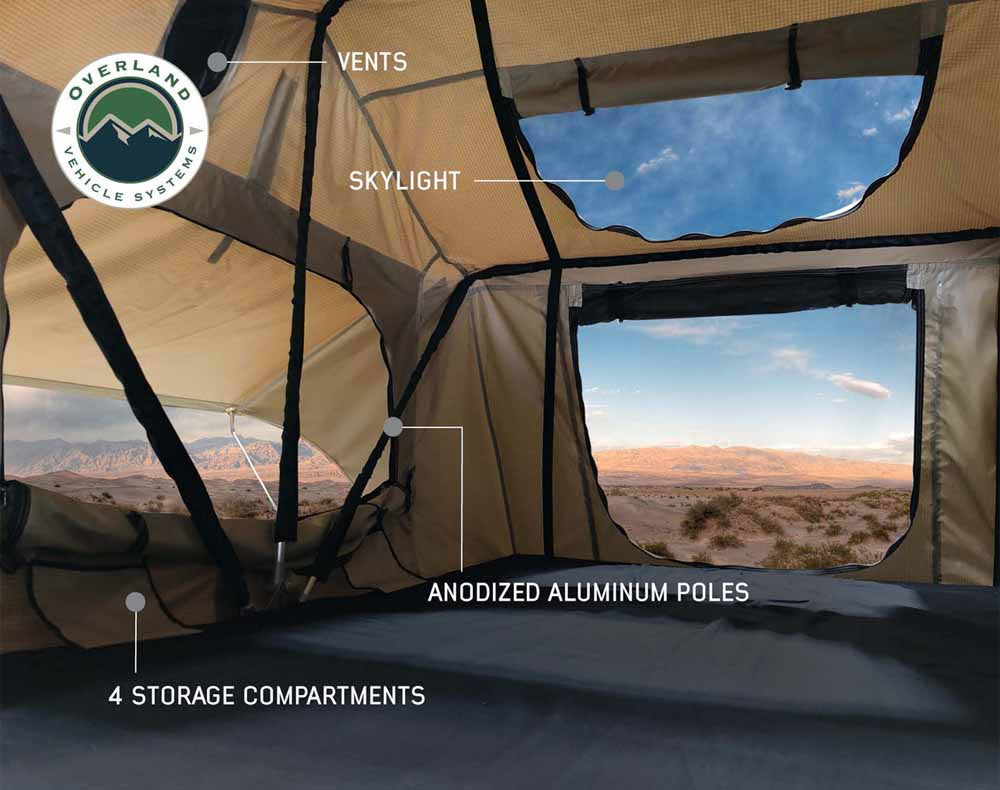 OVS LD TMBK 3-Person Soft Shell Roof Top Tent – Tan Body with Green Rainfly