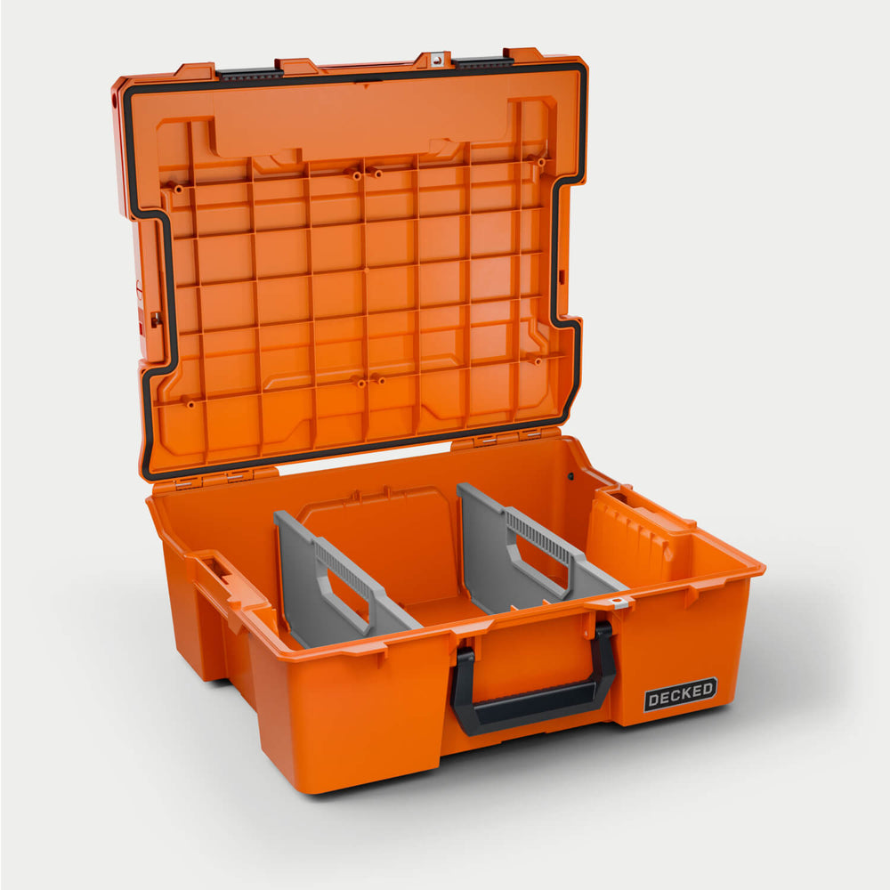 [A0020-HRAK-ORG] Side angle view of the Blaze Orange Halfrack 32 open with dividers (included) inside.