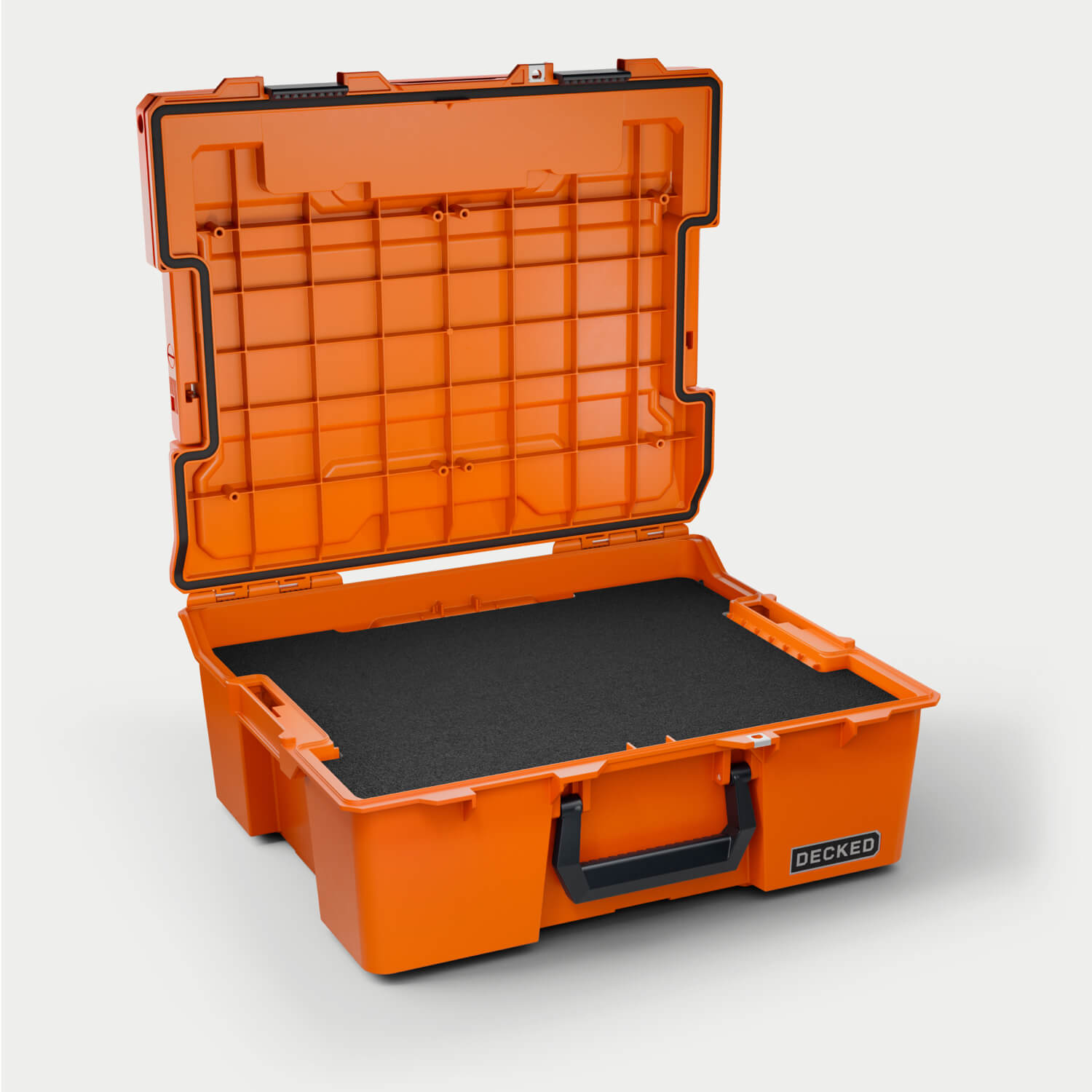 [A0020-HRAK-ORG] Side angle view of the Blaze Orange Halfrack 32 open with the custom foam inside (sold separately).