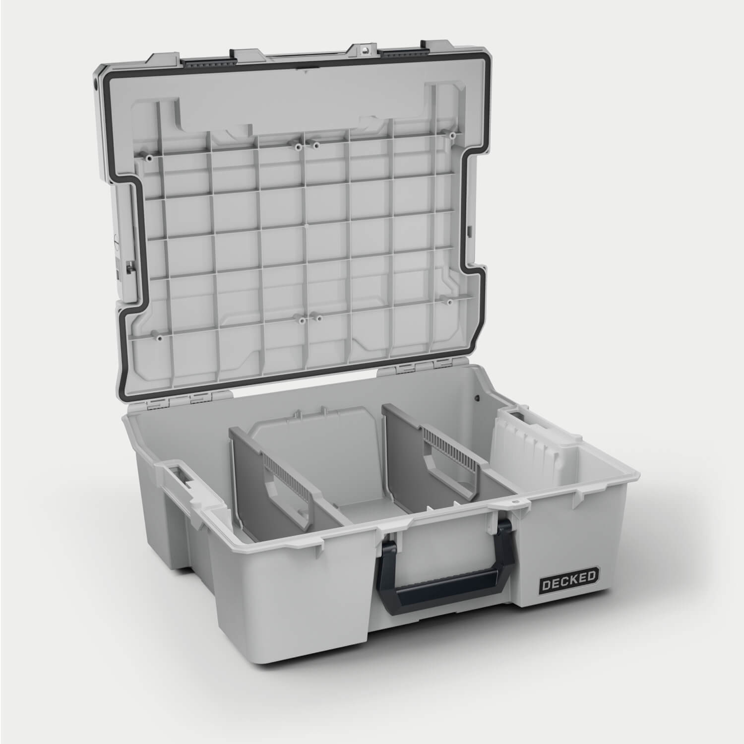 [A0020-HRAK-GRY] Side angle view of the Cool Gray Halfrack 32 open with dividers (included) inside.