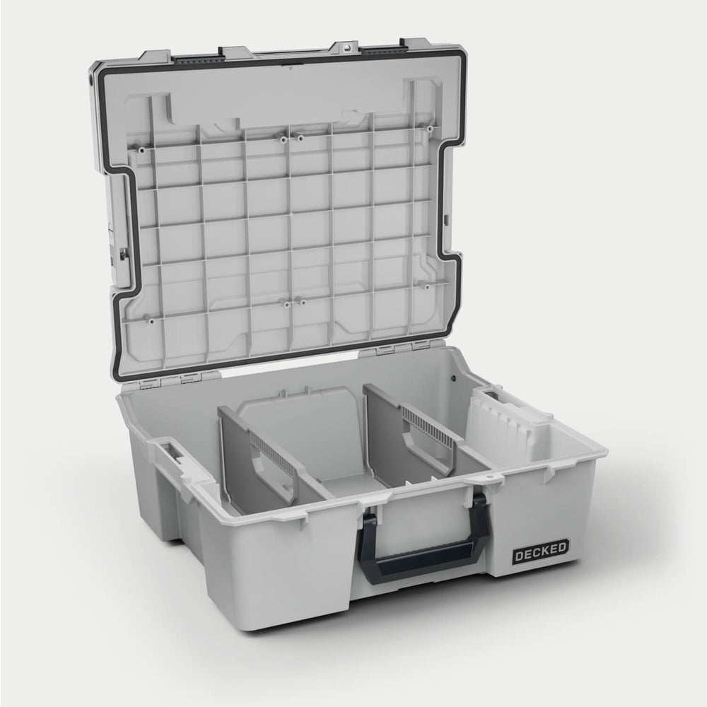 [A0020-HRAK-GRY] Side angle view of the Cool Gray Halfrack 32 open with dividers (included) inside.