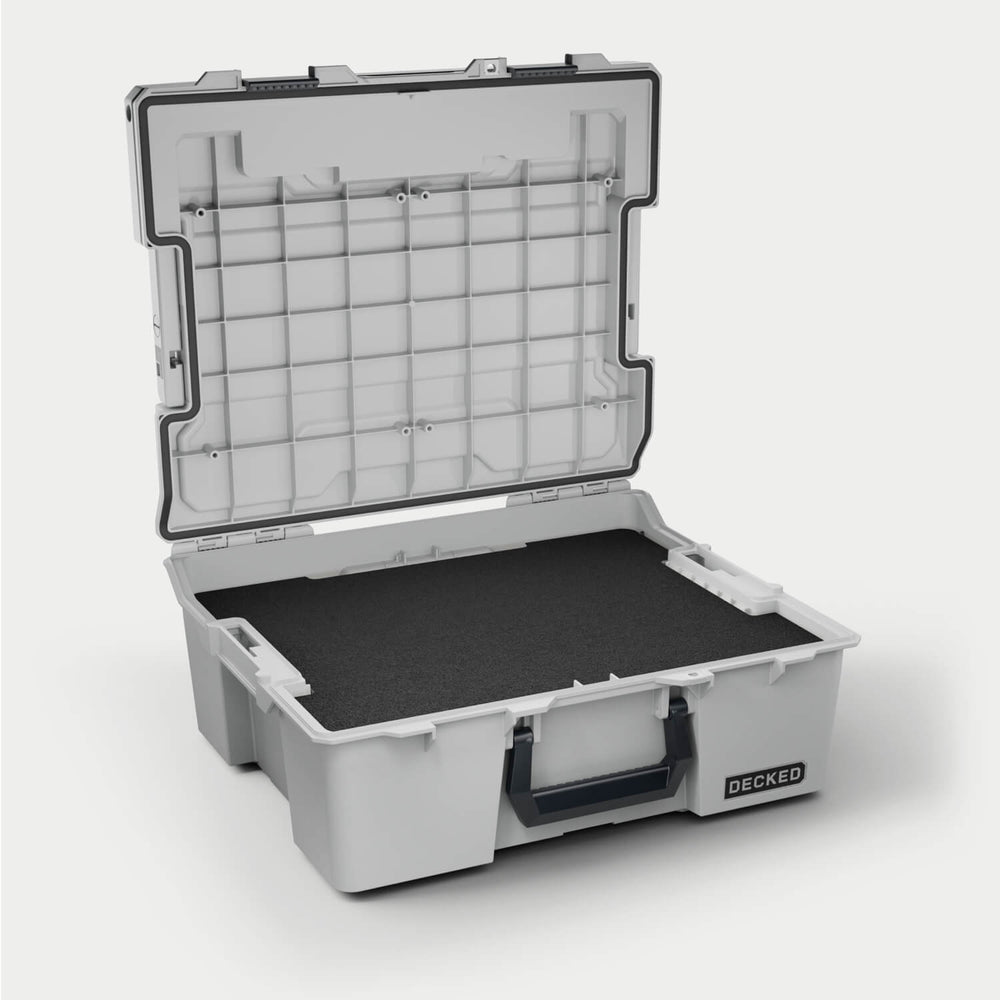 [A0020-HRAK-GRY] Side angle view of the Cool Gray Halfrack 32 open with the custom foam inside (sold separately).