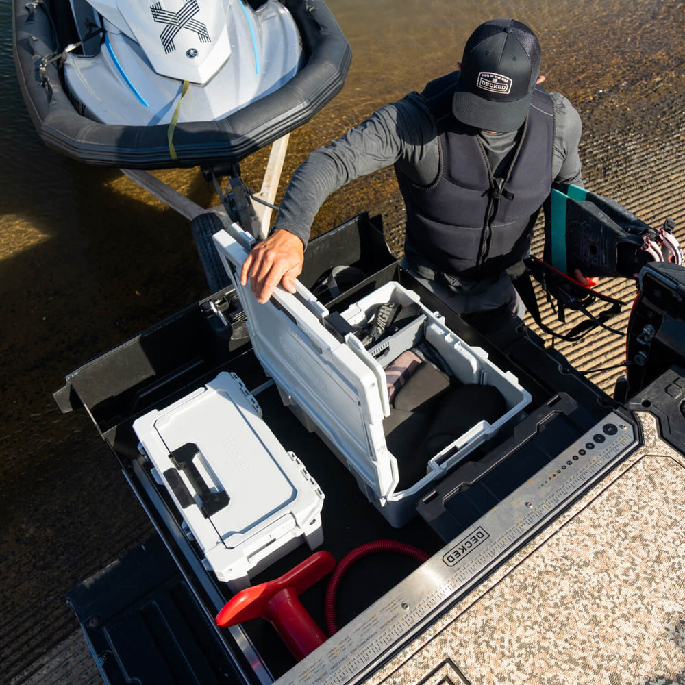 [A0020-HRAK-GRY] The Cool Gray Halfrack and Sixer inside of a midsize Drawer System at the boat launch. The Halfrack is full of diving equiptment.