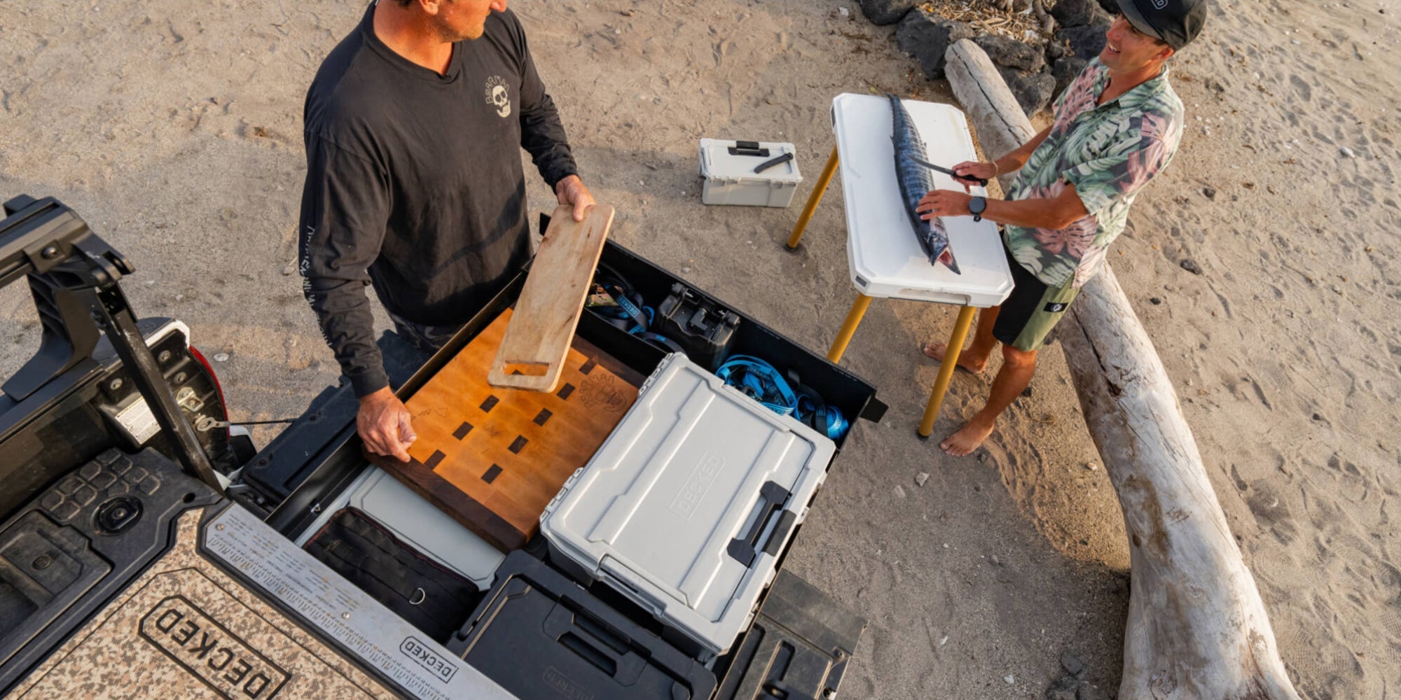 [A0020-HRAK-GRY] @expanded To friends filleting the catch of the day on their DECKED Drawer. The Cool Gray Halfrack serves as the perfect platform for a camp kitchen.