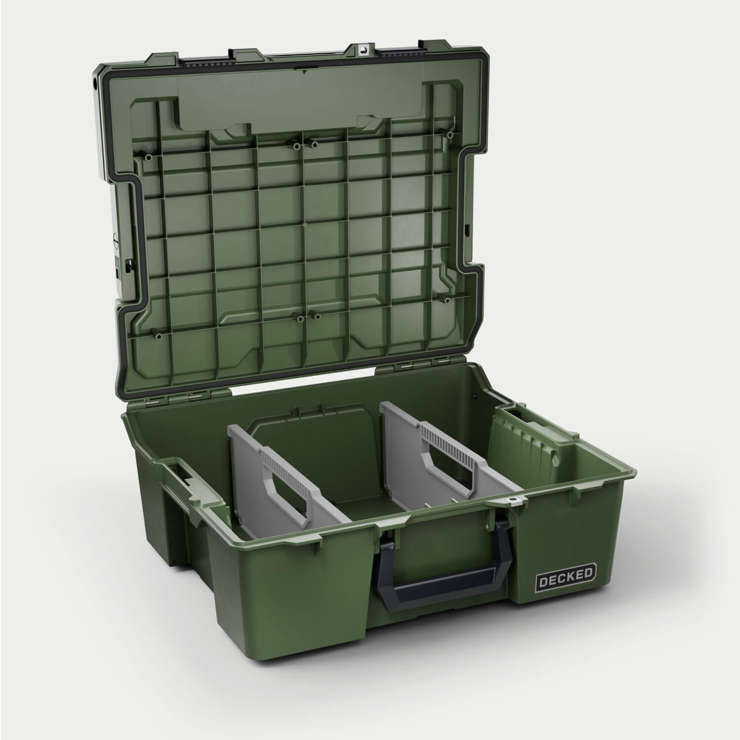 [A0020-HRAK-GRN] Side angle view of the Ranger Green Halfrack 32 open with dividers (included) inside.