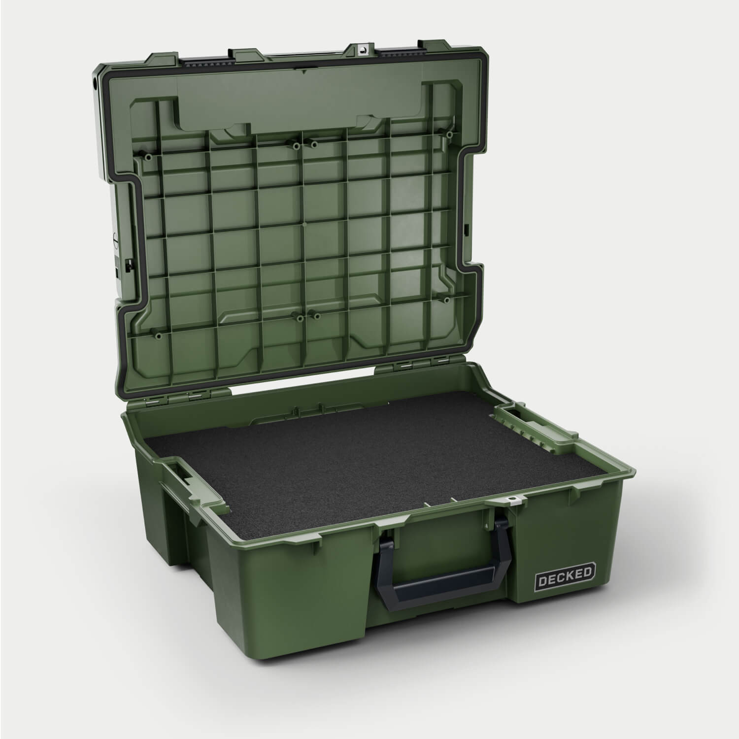 [A0020-HRAK-GRN] Side angle view of the Ranger Green Halfrack 32 open with the custom foam inside (sold separately).