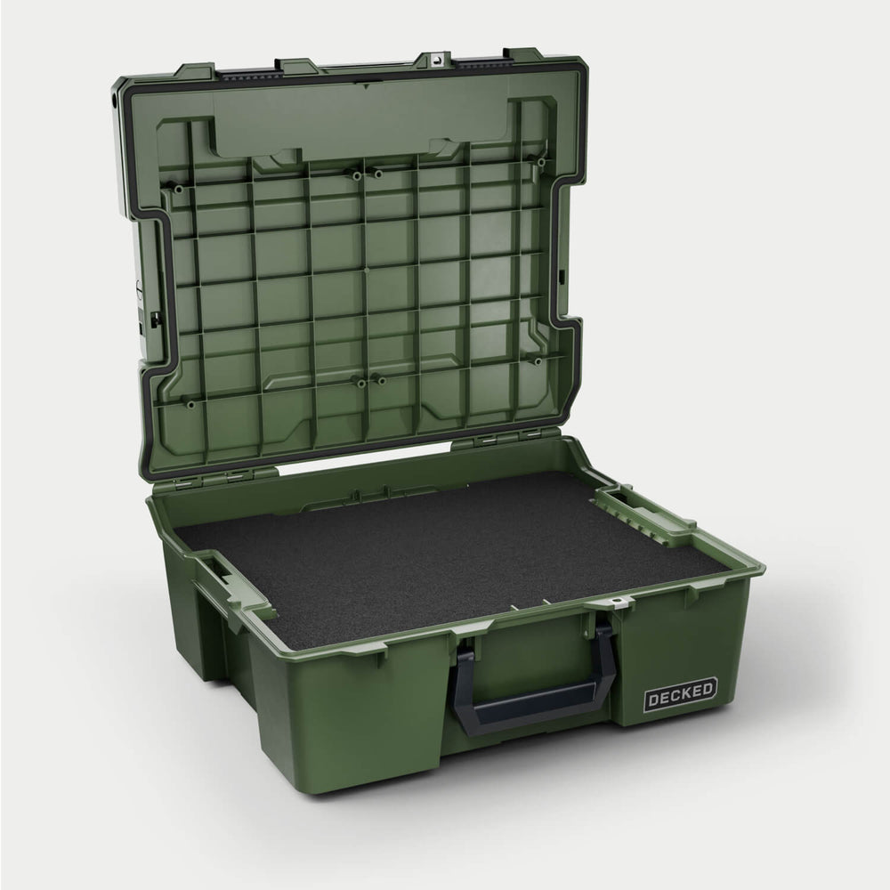 [A0020-HRAK-GRN] Side angle view of the Ranger Green Halfrack 32 open with the custom foam inside (sold separately).