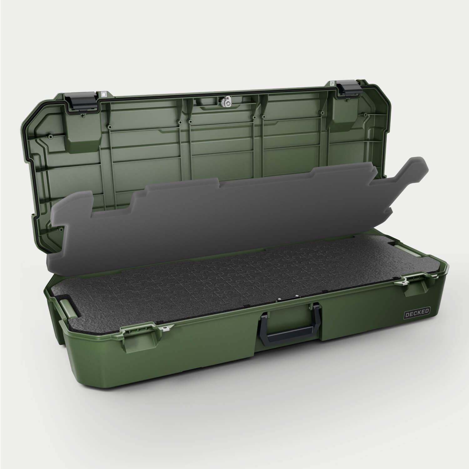 [A0031-MANF-GRN]  Side angle view of the Ranger Green Honcho 80 open with PuzzleFoam inside.