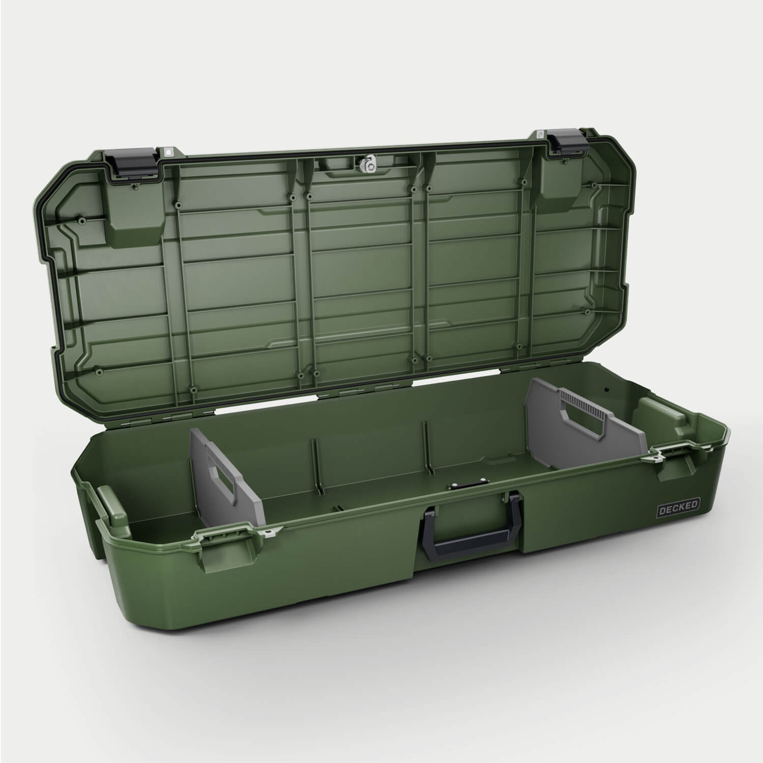 [A0030-MMAN-GRN] Side angle view of the Ranger Green Honcho 80 open with dividers inside.
