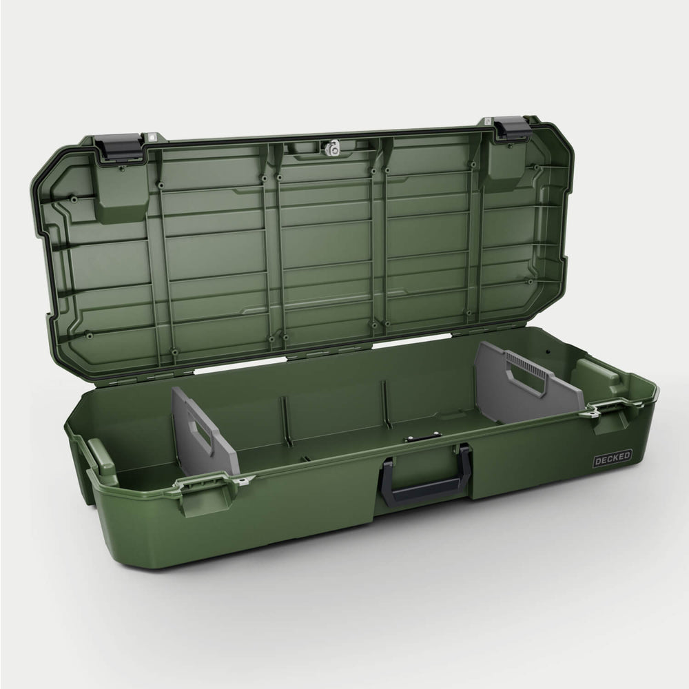[A0030-MMAN-GRN] Side angle view of the Ranger Green Honcho 80 open with dividers inside.
