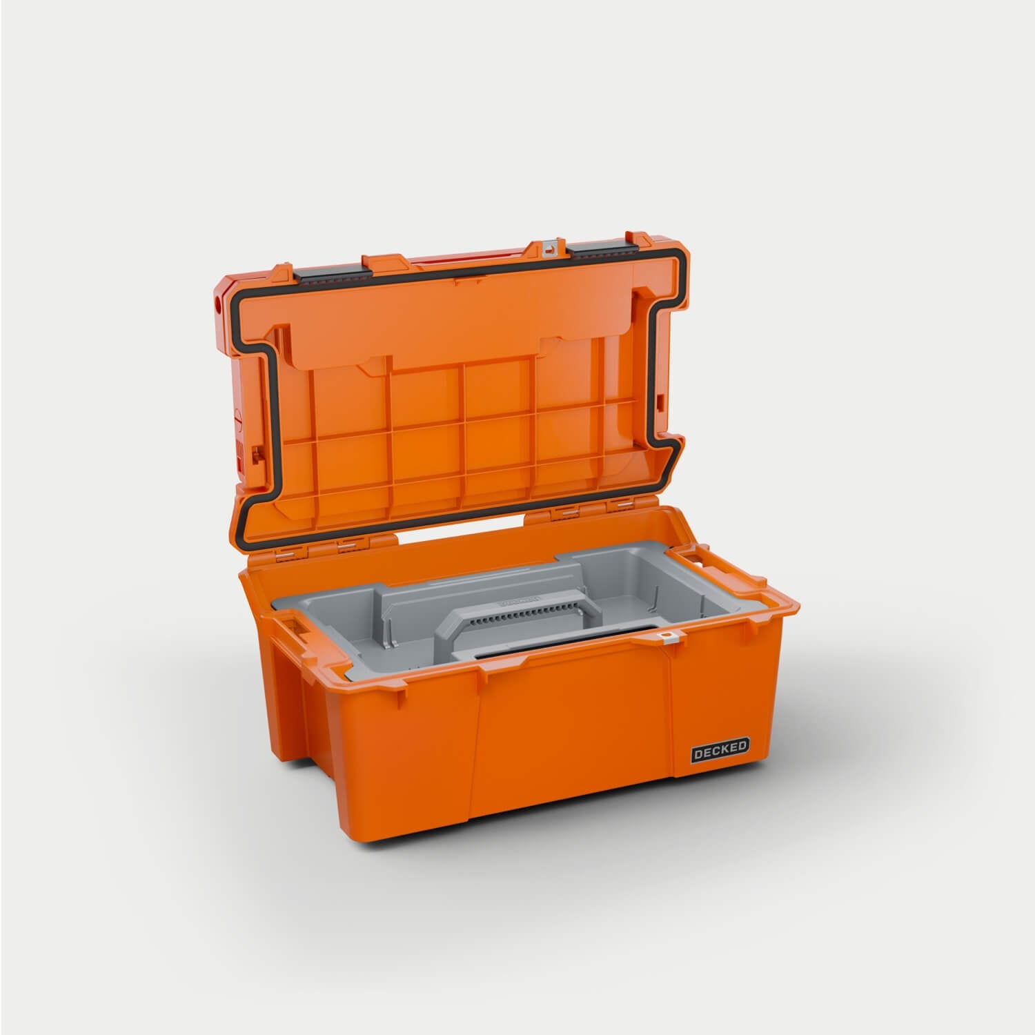[A0010-SIXR-ORG] Side angle view of the Blaze Orange Sixer 16 open with the D-co case cargo tray (included) inside.