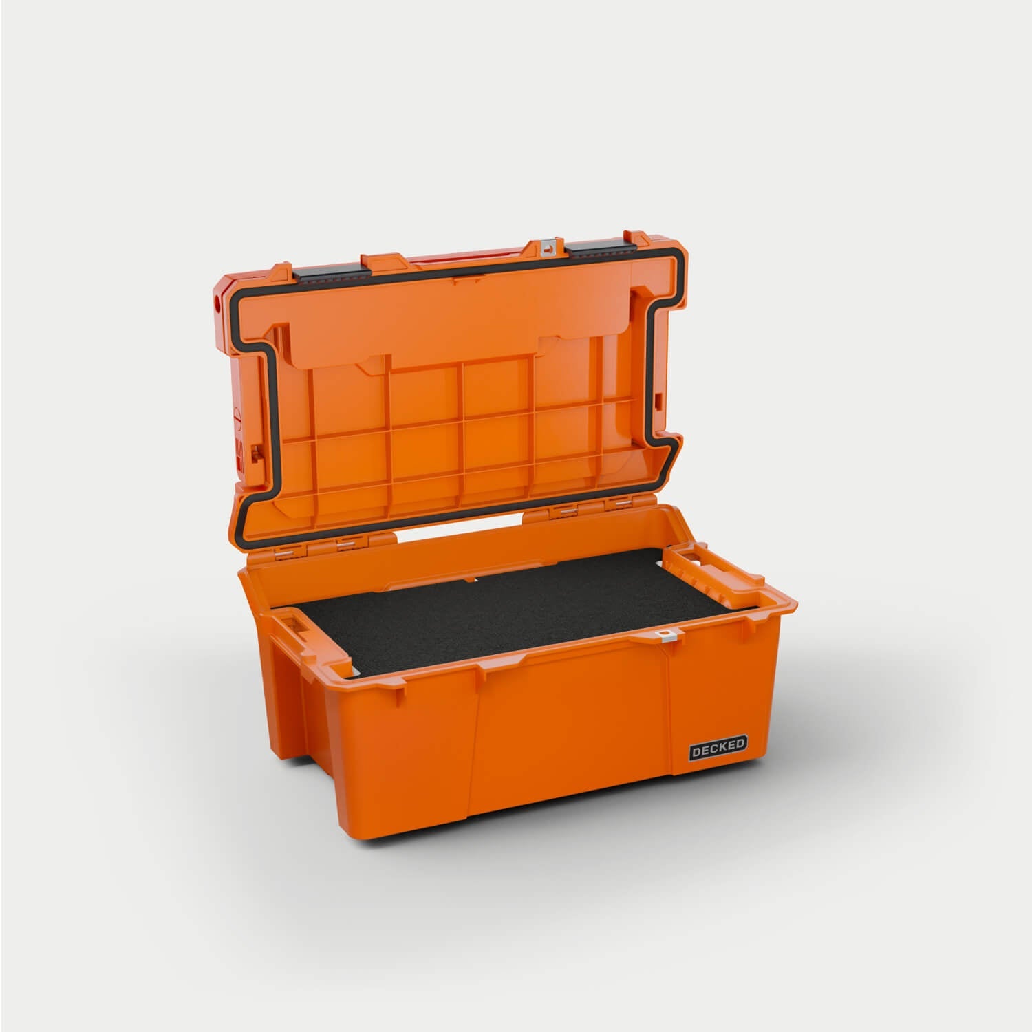 [A0010-SIXR-ORG] Side angle view of the Blaze Orange Sixer 16 open with the custom foam inside (sold separately).