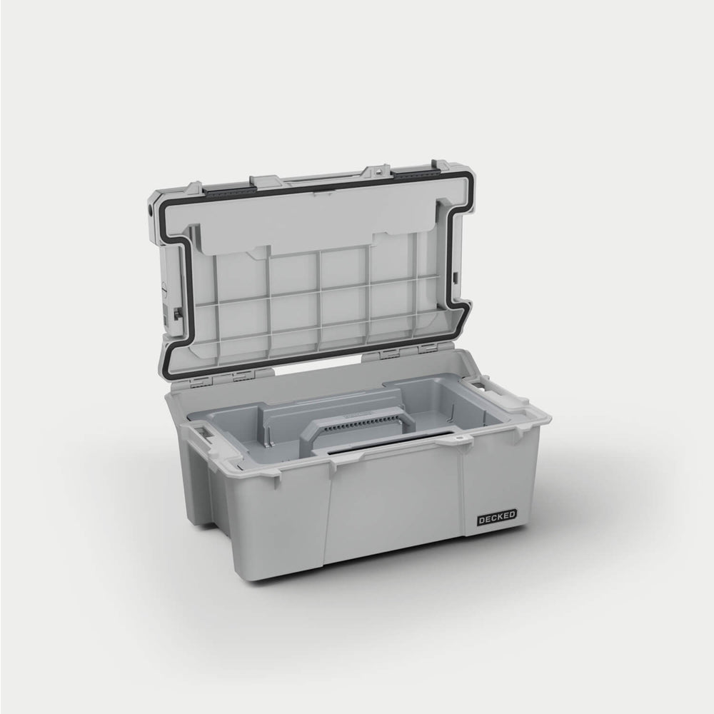 [A0010-SIXR-GRY] Side angle view of the Cool Gray Sixer 16 open with the D-co case cargo tray (included) inside.