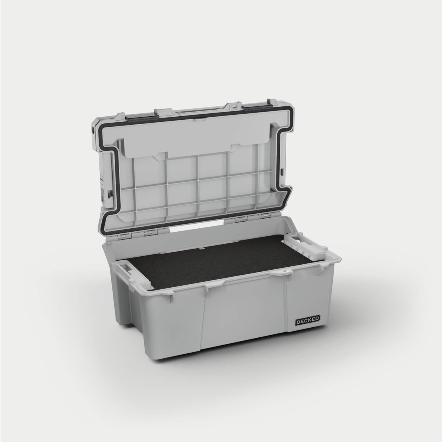 [A0010-SIXR-GRY] Side angle view of the Cool Gray Sixer 16 open with the custom foam inside (sold separately).