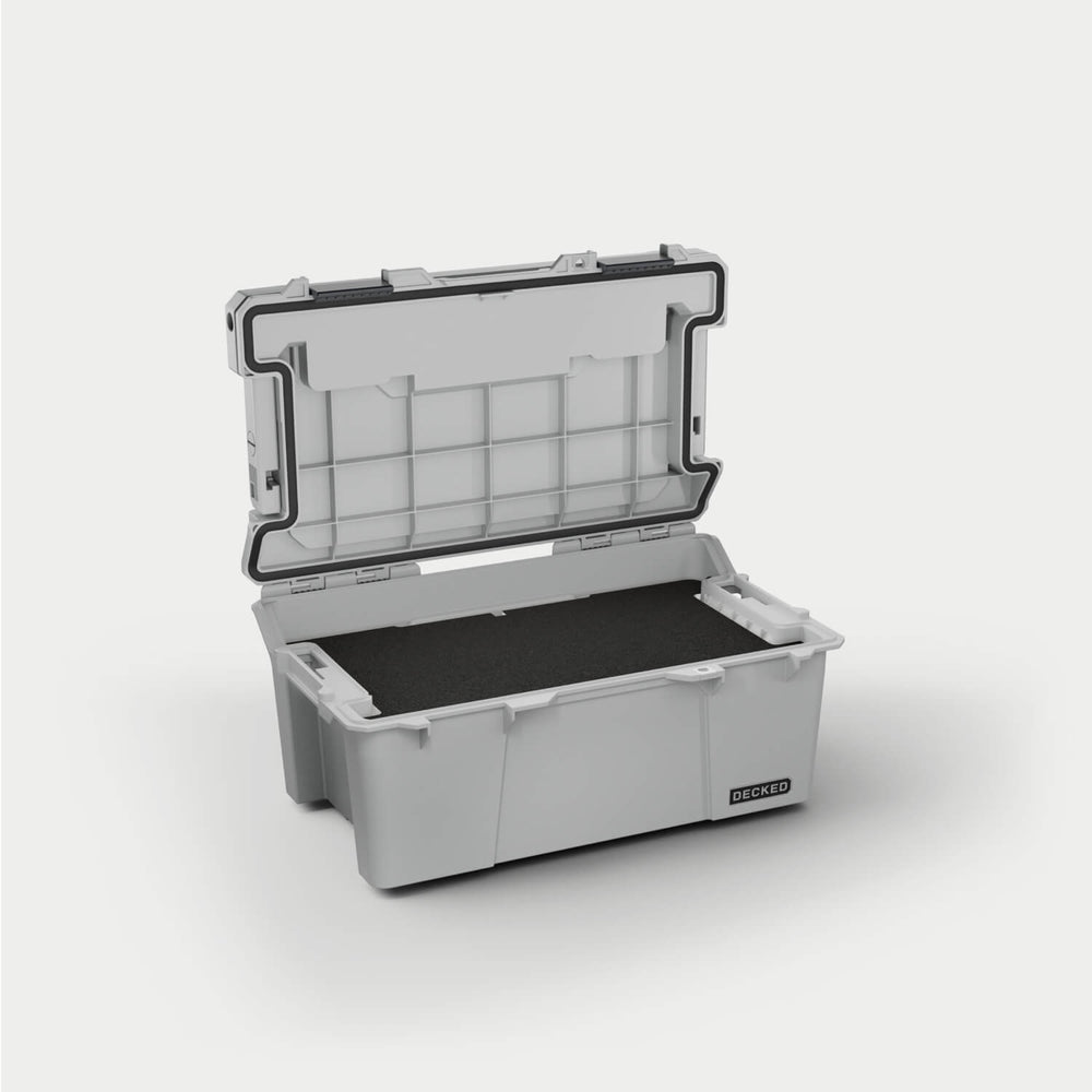 [A0010-SIXR-GRY] Side angle view of the Cool Gray Sixer 16 open with the custom foam inside (sold separately).