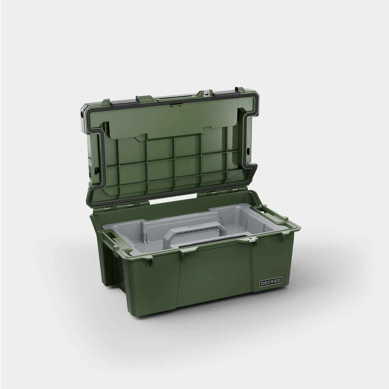 [A0010-SIXR-GRN] Side angle view of the Ranger Green Sixer 16 open with the D-co case cargo tray (included) inside.